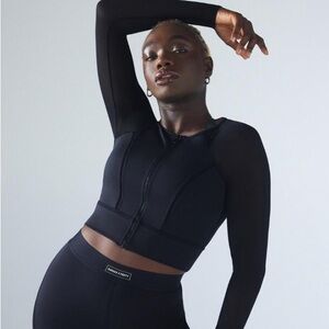 Savage X Fenty Black Zip-Up cropped workout top sheer sleeve